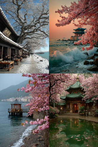 长虹倒吸卧花榭，白水听涛。 泉香酒冽，玉龙下凡鳞甲吹雪。 朔风寒，铜骨脊梁铁。 滇池悬，明珠金沙。 流苏胆，古道茶马，木府土司城阙。