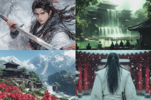 长虹倒吸卧花榭，白水听涛，古风山水，云雾缭绕，虹桥横跨瀑布，亭台楼阁点缀其中，白衣侠客立于桥头，长发飘逸，持剑凝望远方，冷峻神情，广角镜头，动态模糊，高饱和度，青绿主色调，飞雪点缀，侧逆光，史诗感，水墨渲染，细节丰富，意境深远，空灵悠远