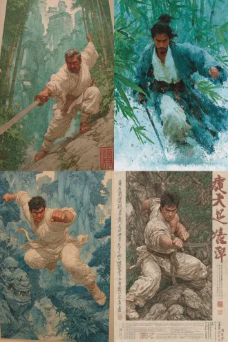 "白衣侠客施展六脉神剑，凌波微步飘逸灵动，背景石林白塔耸立，凤尾蕉绿松竹环绕，花瓣飞鸟点缀，光影流动，水墨武侠风格，长袍飞扬，神情专注，剑气纵横，动态模糊，广角镜头，青绿色调，禅意氛围，仙风道骨，意境深远。"