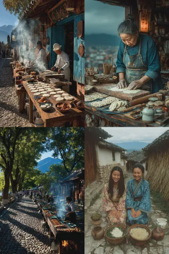 乳扇蜡染工艺展示，过桥米线热气腾腾，丽江束河官渡古镇背景，传统服饰女子微笑操作，暖光斜照，细节丰富，高饱和度，广角镜头，浅景深，民族花纹，烟火气，宁静祥和，古朴街道，青石板路，远山云雾缭绕，手工制作场景，自然光与柔光结合，文化传承氛围，鲜艳色彩对比。