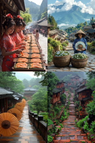乳扇蜡染，过桥米线，丽江束河官渡，古镇街道，传统服饰，手工技艺，暖色调，广角镜头，自然光，生活场景，细节纹理，民族风格，柔和阴影，人文纪实，丰富色彩，宁静氛围，市井烟火，古老石桥，慢门拍摄，青石板路，手捧米线，蜡染布艺，晨雾弥漫，木质建筑，铜壶银器，微笑交流，文化传承，静谧诗意