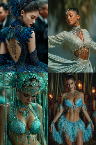 傣族姑娘身穿华丽孔雀裙，银饰闪烁，优雅舞姿，月光穿透凤尾竹林，梦幻朦胧，低角度构图，柔和散景，冷色调为主，长焦镜头，逆光效果，慢门捕捉，裙摆流动，银饰反光，神秘宁静氛围，月光斑驳，竹影婆娑。