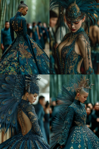 傣族姑娘身穿华丽孔雀裙，银饰闪烁，优雅舞姿，月光穿透凤尾竹林，梦幻朦胧，低角度构图，柔和散景，冷色调为主，长焦镜头，逆光效果，慢门捕捉，裙摆流动，银饰反光，神秘宁静氛围，月光斑驳，竹影婆娑。