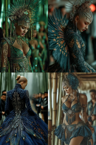 傣族姑娘身穿华丽孔雀裙，银饰闪烁，优雅舞姿，月光穿透凤尾竹林，梦幻朦胧，低角度构图，柔和散景，冷色调为主，长焦镜头，逆光效果，慢门捕捉，裙摆流动，银饰反光，神秘宁静氛围，月光斑驳，竹影婆娑。