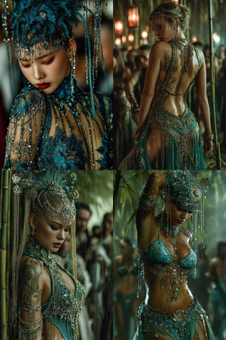 傣族姑娘身穿华丽孔雀裙，银饰闪烁，优雅舞姿，月光穿透凤尾竹林，梦幻朦胧，低角度构图，柔和散景，冷色调为主，长焦镜头，逆光效果，慢门捕捉，裙摆流动，银饰反光，神秘宁静氛围，月光斑驳，竹影婆娑。