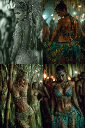 傣族姑娘身穿华丽孔雀裙，银饰闪烁，优雅舞姿，月光穿透凤尾竹林，梦幻朦胧，低角度构图，柔和散景，冷色调为主，长焦镜头，逆光效果，慢门捕捉，裙摆流动，银饰反光，神秘宁静氛围，月光斑驳，竹影婆娑。