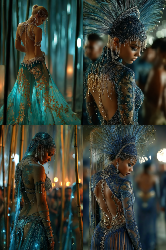 傣族姑娘身穿华丽孔雀裙，银饰闪烁，优雅舞姿，月光穿透凤尾竹林，梦幻朦胧，低角度构图，柔和散景，冷色调为主，长焦镜头，逆光效果，慢门捕捉，裙摆流动，银饰反光，神秘宁静氛围，月光斑驳，竹影婆娑。