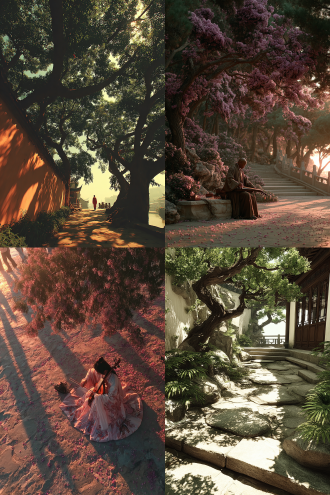 树影斑驳，古琴拂尘，青石香阶，玉桥流水，古典园林，飞花飘落，琴师抚弦，忧伤神情，广角镜头，低角度拍摄，黄昏光线，柔焦效果，暖色调，古风长袍，细腻纹理，光影交错，静谧氛围，琴弦微颤，花瓣飞舞，唯美构图，深沉情感。