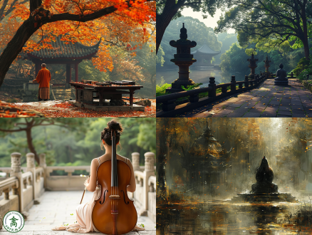 树影拂尘弦频扫，香阶玉桥枕，古风园林，优雅琴师，长袍飘逸，专注抚琴，飞花飘落，金色阳光透过树叶，柔焦效果，浅景深，暖色调，传统乐器，古典美学，情绪宁静，意境深远，丝绸质感，微风轻拂，细节丰富，光影交错，自然和谐，琴弦微动，花瓣飞舞，古韵悠长。
