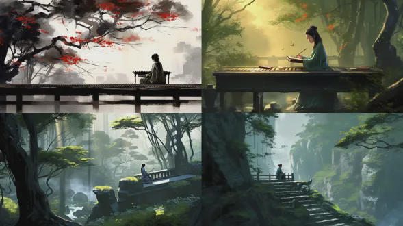 树影斑驳，古琴横陈，香阶玉桥映衬，飞花飘落，琴师身着素雅长袍，闭目凝神，指尖轻扫琴弦，泪痕隐约，背景云雾缭绕，鸾凤盘旋，风雨舟静立，龙潭深邃，高山流水环绕，暖色调，长焦镜头，柔焦效果，侧逆光，慢快门，静谧，诗意，古风，唯美，空灵，深情。