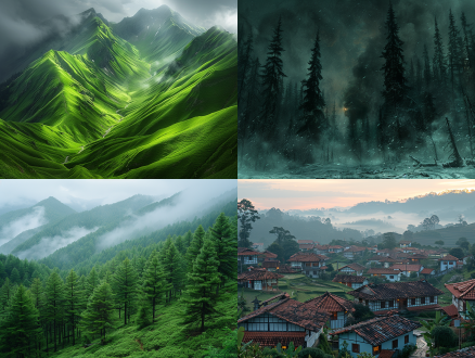 夜深色空迷离，余声无回音，素宣蝉翼轻飘，青檀松香弥漫，砚台沁雪，虹霞晕染日落，云水漫青山，烟锁林间，水墨风格，高对比度，冷色调，长曝光，广角镜头，柔焦，雾霭朦胧，静谧深沉，孤独感，禅意，流动光影，抽象意境，暗部细节丰富。