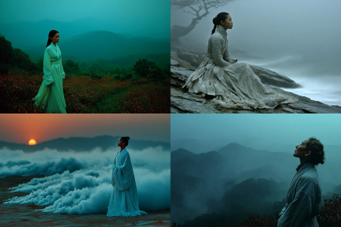 "深夜山间，朦胧月光下薄雾弥漫，古装女子侧影倚靠青檀树，素白蝉翼纱衣随风轻扬，神情静谧忧郁，砚台与宣纸散落脚边，远山层林染烟霞余晖，水墨淡彩风格，低饱和度冷色调，柔焦效果，长曝光，广角镜头，侧逆光，空灵氛围，禅意，孤独感，云烟流动，静谧深远。"