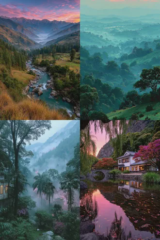 夜里头、色空形散，余声不见回音。 素宣蝉羽，青檀松香，砚台雪涛沁。 这时候、眼面前、虹霞晕染日落。 再等。云水漫青山，烟锁层林。