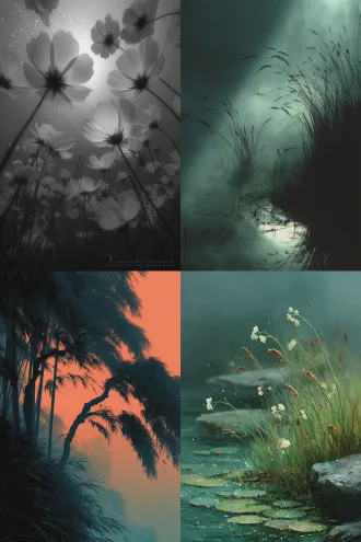 芳草连天，花飞枝头，江湖清浅，教影舞，石竹雨，池莲听，夜长无梦，酒醒疏狂，对角线构图，水墨风格，淡雅色调，广角镜头，柔光，慢快门，飘逸长袍，沉思表情，竹林背景，烟雨朦胧，静谧氛围。