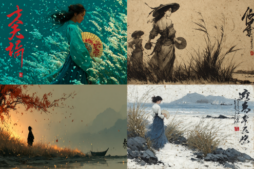 芳草连天，花飞枝头，水墨意境，远山淡影，微雨轻雾，女子执扇独舞，素衣飘逸，发丝飞扬，浅笑嫣然，石竹摇曳，池莲含露，夜色朦胧，暖黄灯光，笔砚书卷，酒盏斜倾，散落花瓣，柔焦效果，逆光捕捉，动态模糊，淡雅色调，诗意氛围，静谧悠远，古风雅韵。