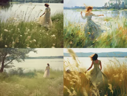 "芳草连天，花飞枝头，江湖清浅，人物独舞，飘逸长裙，温柔微笑，自然光，逆光效果，浅景深，广角镜头，柔焦，淡雅色彩，水墨风格，诗意氛围，宁静，优雅，微风吹拂，花瓣飘落，池塘倒影，书法笔触，薄雾缭绕，晨光熹微，古典美学，抒情意境。"