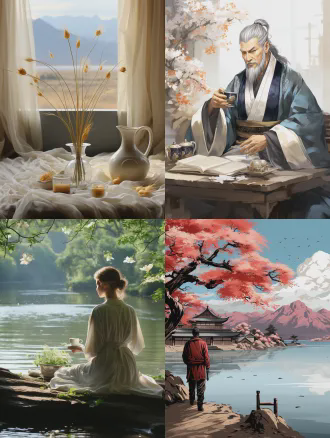 芳草连天繁花盛放，古风诗人倚枝凝望，衣袂飘逸眼神深邃，水墨丹青风格，山水背景云雾缭绕，柔焦效果，暖金色晨光，长袍随风舞动，手持酒壶与毛笔，细腻笔触，淡雅色调，诗意氛围，超广角镜头，低角度拍摄，慢快门捕捉动态，意境深远，宁静致远。