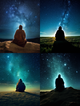 "宇宙之光，浩瀚星空，诗人仰望银河，长袍飘逸，眼神深邃，背景璀璨星系，超广角镜头，高动态范围，冷色调，星光闪烁，深邃黑暗，长曝光，静谧氛围，孤独感，神秘感，史诗级构图，对称布局，微弱侧光，超现实主义风格，银河中心，时空交错，意境深远。"