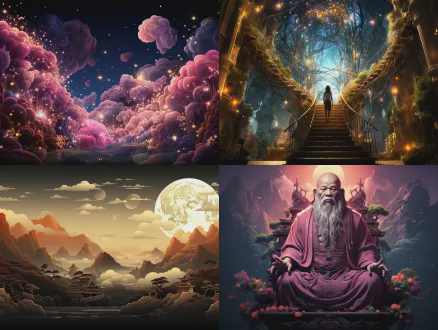 宇宙之光，壮丽星空，巨大星球悬浮背景，古代诗人仰首望天，宽袍大袖随风飘动，手持竹简，深邃眼神充满智慧，高山之巅，云海翻腾，暖金色光芒穿透云层，星轨流转，超现实主义风格，广角镜头，长曝光，深空摄影，高动态范围，神秘感，史诗氛围，暖色调与冷色调对比，宁静与震撼并存。