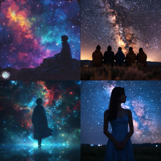 宇宙之光，壮丽星云，人物仰望星空，长袍飘逸，神情敬畏，深邃眼神，银河背景，史诗感，广角镜头，高动态范围，冷色调，璀璨星光，慢快门，星轨效果，神秘氛围，宏伟构图，超现实风格，光影对比，宇宙尘埃，流动光带，震撼视角，心灵震撼。