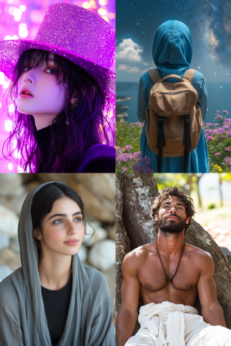 "宇宙之光，壮丽星空，璀璨星系，诗人仰望，长袍飘逸，深邃眼神，超现实主义，广角镜头，高动态范围，深邃蓝紫色调，星光闪耀，银河背景，极简构图，侧光照射，孤独感，神秘氛围，沉思表情，流动长袍，宇宙尘埃，光晕效果，慢快门，星辰轨迹，震撼视角，诗意画面"