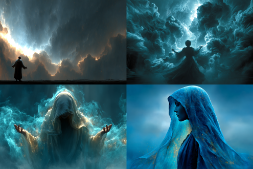 宇宙之光，星际背景，璀璨星云，宏伟辽阔，神秘人物站立于虚空，流苏长袍随风飘扬，深邃目光凝视远方，双手展开仿佛拥抱宇宙，超现实风格，科幻感，深蓝色与金色交织，广角镜头，hdr效果，动态光影，星辰粒子，神圣氛围，震撼人心。