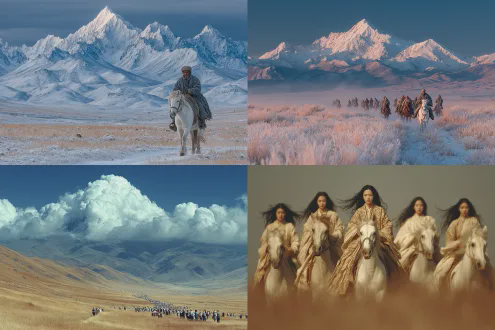 春风秋山冬云暖阳，原野花开天马行空，元旦华彩乐章盛景，太平文风武德万方，海陆空宇宙微光，少年启航追日揽月，水深浪高雨雪惊险，夜色苍茫鸿鹄展翅，广角镜头，高动态范围，史诗光影，冷暖色调对比，云雾缭绕，金色阳光，星空背景，飞扬衣襟，坚毅表情，远景构图，大气磅礴，希望与冒险。