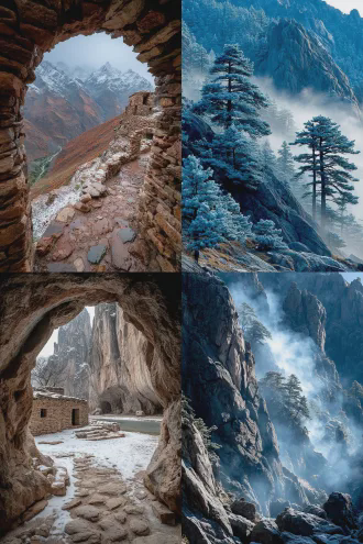 长风断流冰霜裂水，烟雨琐窗寒。 天际云分飞，避世归谷，清秋满山。 摩崖石刻壁画，楠竹掩旧庵。 听纺纱织麻，雪岩坐禅。