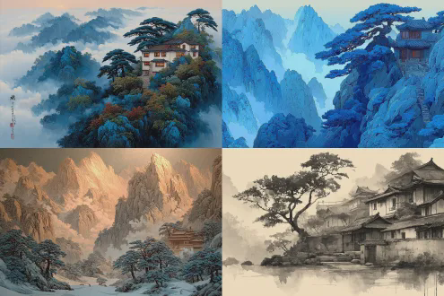 "长风断流冰霜裂水，烟雨琐窗寒，天际云分飞，避世归谷，清秋满山，摩崖石刻壁画，楠竹掩旧庵，听纺纱织麻，雪岩坐禅。水墨风格，深远构图，冷色调，古装隐士，飘逸白袍，沉思表情，远山云雾，竹林摇曳，石刻细节，薄纱窗棂，静谧氛围，低饱和度，柔光，静态美感，禅意。"