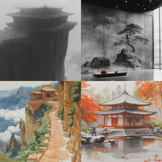 "长风断流冰霜裂水，烟雨琐窗寒，天际云分飞，避世归谷，清秋满山，摩崖石刻壁画，楠竹掩旧庵，听纺纱织麻，雪岩坐禅，古典水墨风，高对比度，冷色调，雾气弥漫，广角镜头，自然光，静态构图，细节丰富，静谧感，禅意深远。"