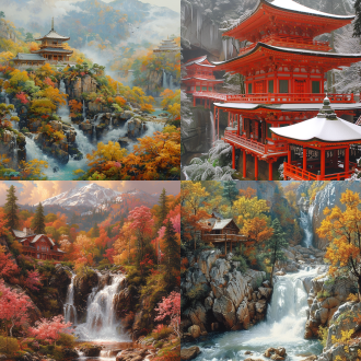 长风断流冰霜裂水，烟雨琐窗寒。 天际云分飞，避世归谷，清秋满山。 摩崖石刻壁画，楠竹掩旧庵。 听纺纱织麻，雪岩坐禅。