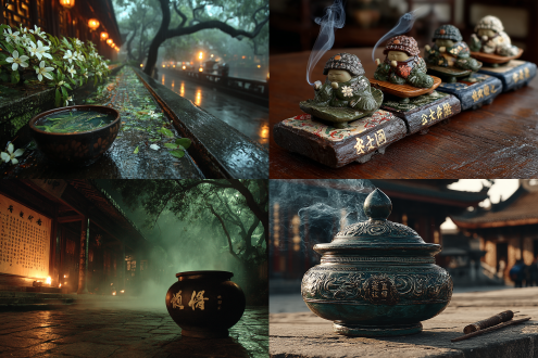 香炉绿酒红茶，故人重相见，宴席未散。 暖袖拂月影，幽幽素馨兰。 已写尽、万恨千愁，浮名抛、桃花落仙潭。 暮色浓、种字耕图，金粉阑干。