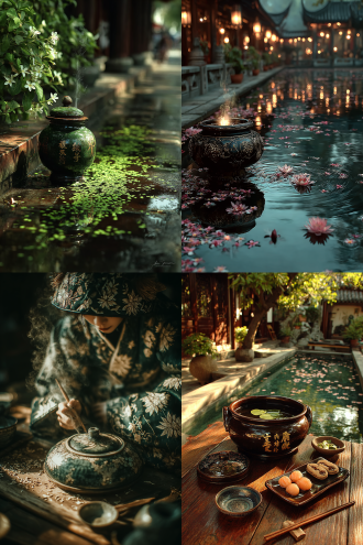 香炉绿酒红茶，古风宴席，故人重逢，暖色调，柔光，木质长桌，素馨兰点缀，月影婆娑，金粉阑干，暮色氛围，低角度镜头，浅景深，丝绸服饰，细腻纹理，微笑表情，优雅手势，桃花飘落，仙潭倒影，复古质感，浓郁情感，古典美学，对称构图，微距细节