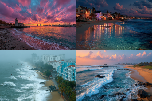 金沙碧海银沙滩，梦幻海市蜃楼远景，黄昏霞光，江天暮色，霓虹渐变，云层低垂，群鹭惊飞舞动，巨浪拍岸雪沫飞溅，广角镜头，长曝光，冷暖色调碰撞，高动态范围，丝绸质感水面，雾化效果，超现实氛围，深邃透视，孤寂与壮美并存。