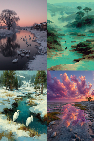 金沙银水碧玉毯，海市蜃楼对岸。 霞飞霓虹，日暮江天。 云满树，惊鹭群，舞翩跹。 万里波涛涌，入海口，雪浪堆百川，已小寒。