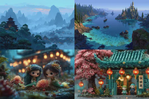 "云崖地角远山苍茫，鲛人采珠沉船遗迹，神秘海底，广角镜头，深邃蓝绿调，柔和水下光影，鲛人长发飘逸珠光闪烁，忧伤神情，古楼晨钟剪影，魁星文昌光晕，帝王龙马踏浪动态模糊，边陲重镇铜凤秦汉纹样，超现实风格，高细节8k，史诗感，冷色调与金色点缀，空灵孤寂。"