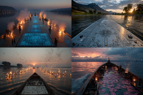 行驶在河中间的船头，围棋与国际象棋棋盘左右对称，黑白棋子激烈对阵，悬浮罗盘刻有纳米芯片八卦图，量子激光长剑交织中心，冰火代码光效，塔罗牌飘舞结冰燃烧，远山长河落日星月同幕，冷暖撞色自然过渡，戏剧光影，广角镜头，金属质感，神秘对决，古典现代融合