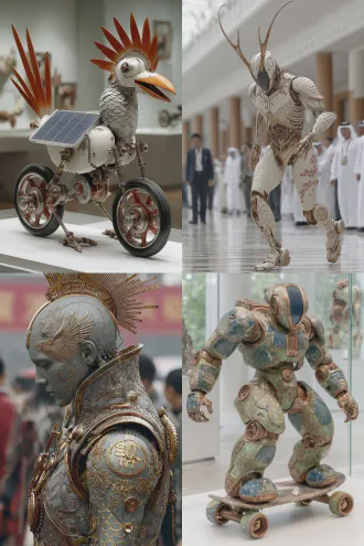 一个人形机器人在展示厅表演灵活的各关节自由滚动旋转。金属质感，高科技，中国神话美感，机器人眉间有凤凰图腾的电源开关，头顶太阳能板，脚底踩在充电板上可以无线充电，四肢有鳞片图案装饰，颈部、腰部和四肢关节安装万向轮，腰部、四肢和头部可以任意方向的滚动。
