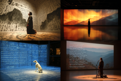 mv视频制作，一个机器人站在投屏的墙前唱卡拉ok，落地大屏幕上的字幕是“穷极天地，时空无垠， 游四方、苦等万年灵光。 管他风雨，又如何？长啸而过。 历沧桑，心事抖落。”要求屏幕的风景与歌词内容相吻合，图声字同步。