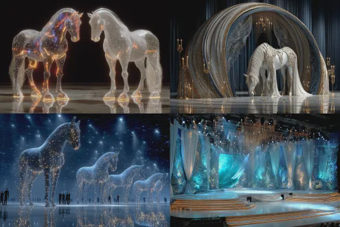 2026年马年的春晚舞台背景，人工智能，机器人主题，天马行空，龙马精神，高科技，太空之旅，浪漫，梦幻