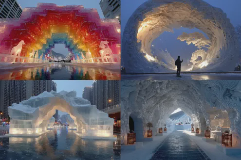 湖中间漂着中国结造型的浮冰，上面雕刻着一座长龙环绕的彩虹拱门，龙门下站着一匹斜侧身的冰雕马，马头侧面对着镜头，马鞍上驮着一只猴子。月夜下，雪花纷纷，蓝色极光背景，高清摄影，斜仰视拍摄。