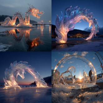 湖心中国结浮冰雕刻长龙彩虹拱门，龙门下侧身冰雕马，马头侧对镜头，马鞍驮猴，月夜飞雪，蓝色极光背景，高清摄影，斜仰视拍摄，超广角镜头，长曝光，冷色调，动态模糊，极光轨迹，晶莹剔透，神秘梦幻，宁静庄严。
