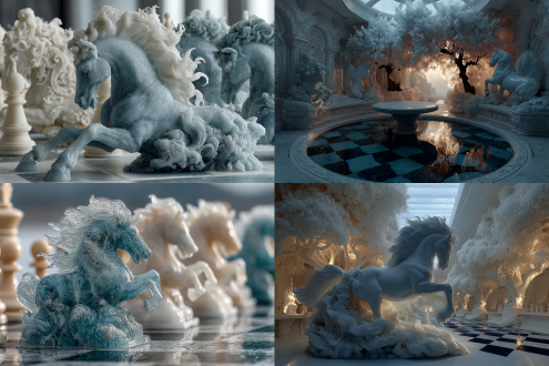 蓝色冰湖巨大浮冰，骏马前蹄跃起，冰雕八仙桌盘龙，桌面棋盘两雪人对弈，伸树枝手臂，可爱奇幻，广角镜头，航拍视角，超现实主义，高细节，冰雪晶莹，冷色调，动态模糊，侧光，戏剧性，童话感。