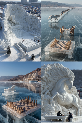 蓝色冰湖上漂着巨大的浮冰，浮冰上有一匹前蹄跃起的骏马，旁边有一张冰雕八仙桌，桌身周围盘着长龙，桌面放着冰雕围棋棋盘，棋盘上有两个小雪人在下棋，树枝手臂分别伸向黑白棋子，可爱。