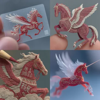 特写一双精致灵巧的机械手，手持红纸进行精细裁剪，剪纸图案是一匹展开翅膀在云端翱翔的马，马身有不同字体的“马”字，云端中隐藏“2026”字样，微距摄影，未来主义蒸汽朋克风格，工作室环境，柔光箱照明，焦点清晰，红白对比色调，充满希望与创造力。