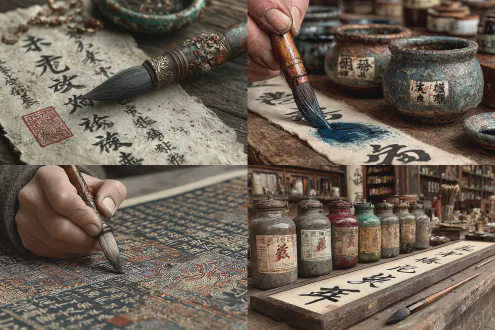 镜头近距离特写毛笔书法的创作过程，宣纸上写下“一马平川”四个行书大字，横幅卷轴。