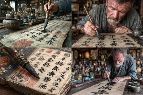 镜头特写毛笔书写“一马平川”行书的瞬间，墨迹在宣纸上晕染扩散，横幅卷轴平铺，笔锋有力墨色浓淡分明，古典文房背景，微距摄影，浅景深，自然侧光，黑白色调为主，朱砂印点缀，宁静专注，中国书法艺术，动态墨滴。