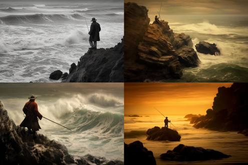 独钓千里峰，残阳斜，鱼沉雁落，风急浊浪高，何处龙藏虎卧？一位戴斗笠的蓑衣老翁，立于险峻山峰的孤岩之上，手持长竿垂钓，目光深邃凝视远方浊浪，水墨国画风格，史诗级全景，电影感构图，冷峻蓝紫与暖金残阳对比色调，动态模糊的急浪与飞雁，孤独而坚韧的情绪，广角镜头，戏剧性侧光，长曝光水面，中国山水画意境，细节丰富，4k，杰作。