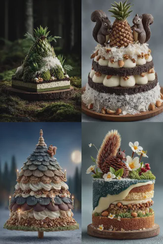 美食摄影，一个松果造型的多层蛋糕摆在木桩上，铺垫有冰冻松叶层，用巧克力、坚果和奶油为主色和原料，洒上糖霜椰蓉造成白雪覆盖松果的效果，插上松脂松香当蜡烛。蛋糕周围装饰着一群巧克力松鼠，顶层的小松鼠躲在松果后面探出脑袋，开心地抱着松果尖端偷看镜头，生动活泼的画面好像一群松鼠在偷吃一样，雪地森林夜景。