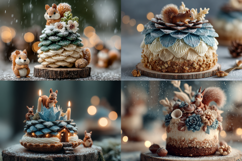 美食摄影，一个松果造型多层蛋糕摆在木桩上，冰冻松叶层铺底，巧克力坚果奶油为主材，糖霜椰蓉如白雪覆盖，松脂蜡烛，周围装饰巧克力松鼠，顶层小松鼠躲在松果后偷看镜头，开心活泼，雪地森林夜景，微距镜头，浅景深，柔光，暖色调，童话氛围，生动有趣，细节丰富，焦外光斑。